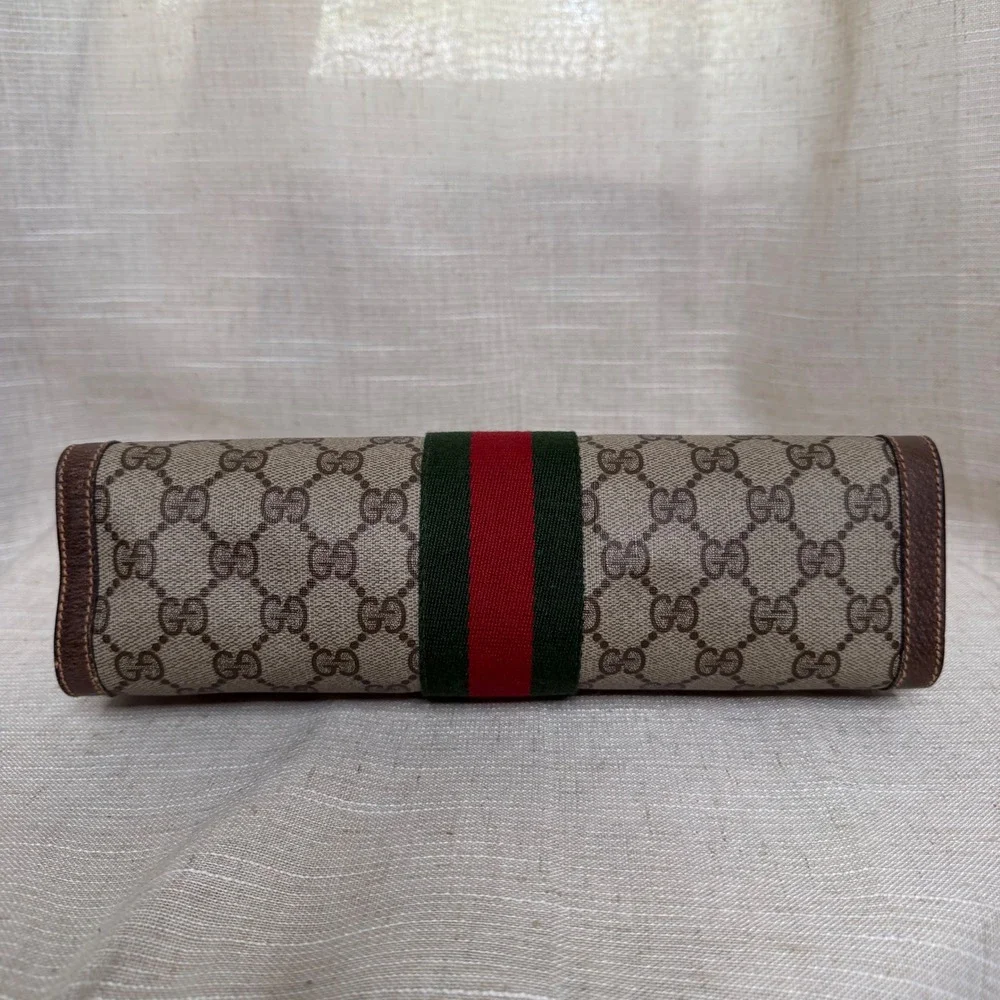 Vintage Gucci Clutch GG Supreme Web Sherry Line Stripe Brown Leather Canvas Bag